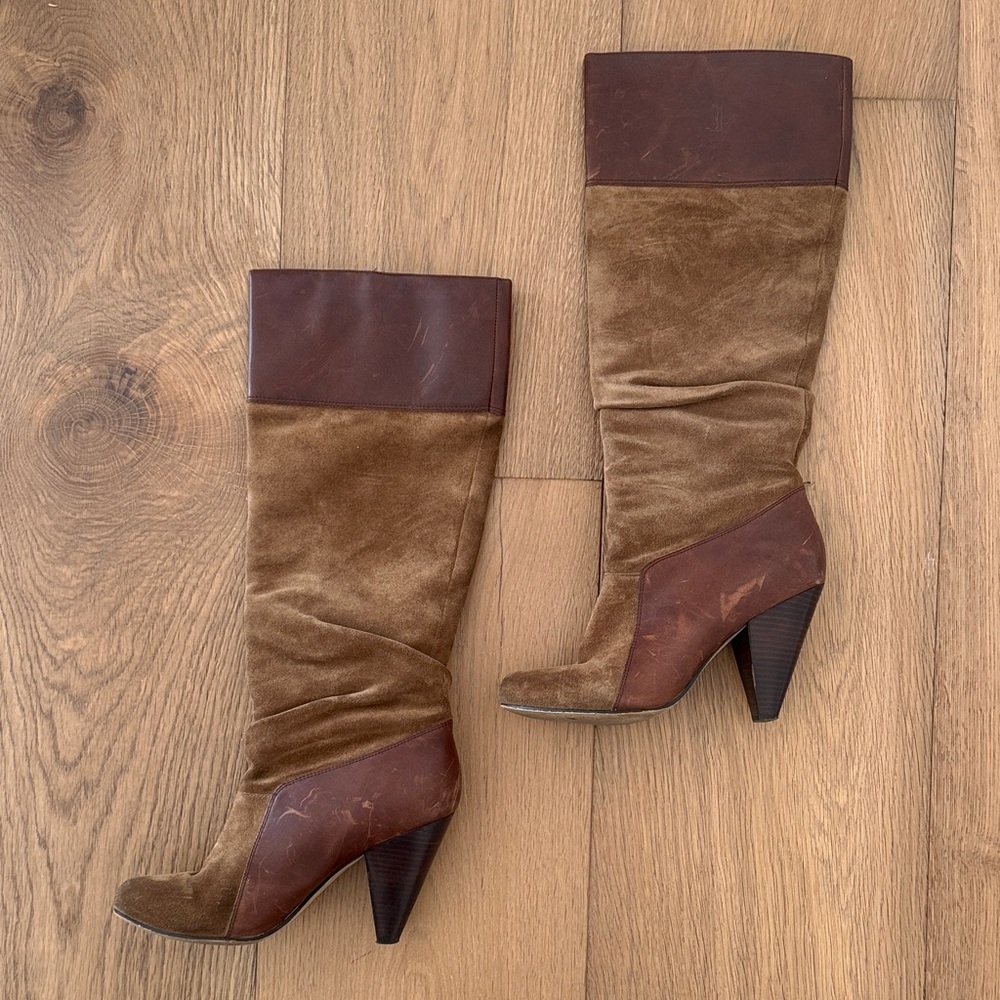 Jessica Simpson Two-Tone Brown Suede & Leather Slouchy Knee Boots Well Loved 8